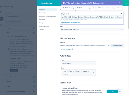HubSpot SEO Empfehlungen mit Hinweisen