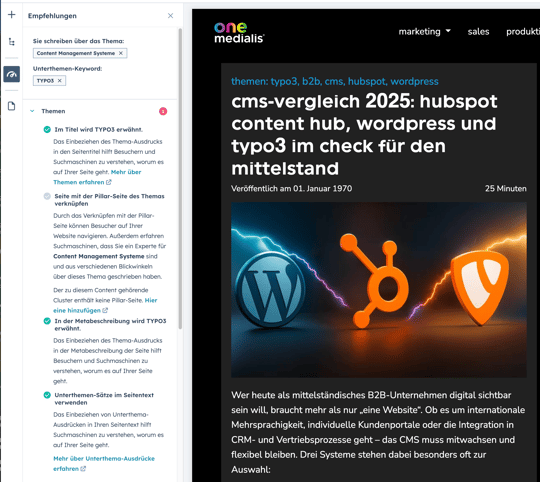 HubSpot SEO Vorschläge im Seiteneditor
