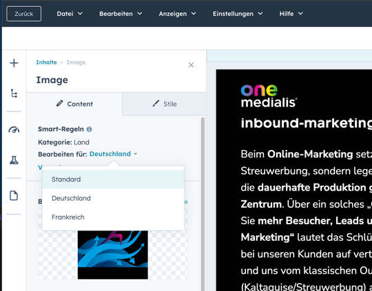 HubSpot Smart Rules nach Besucher-Land